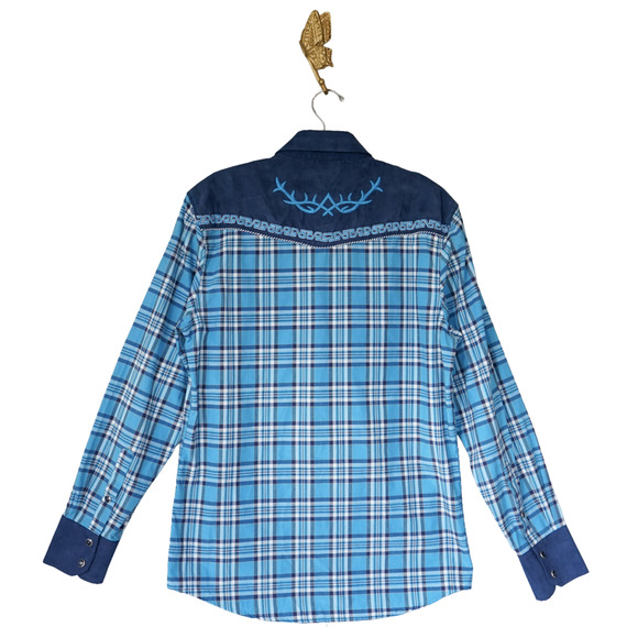 El General Men Embroidered Plaid Western Pearl Snap Button Shirt M Cowboy Rodeo - Picture 3 of 16